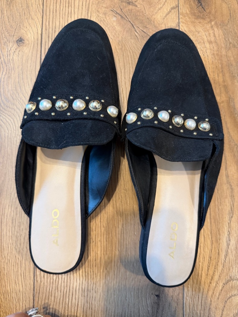 Aldo Black Suede Pearl-Stud Embellished Slip-On Mules